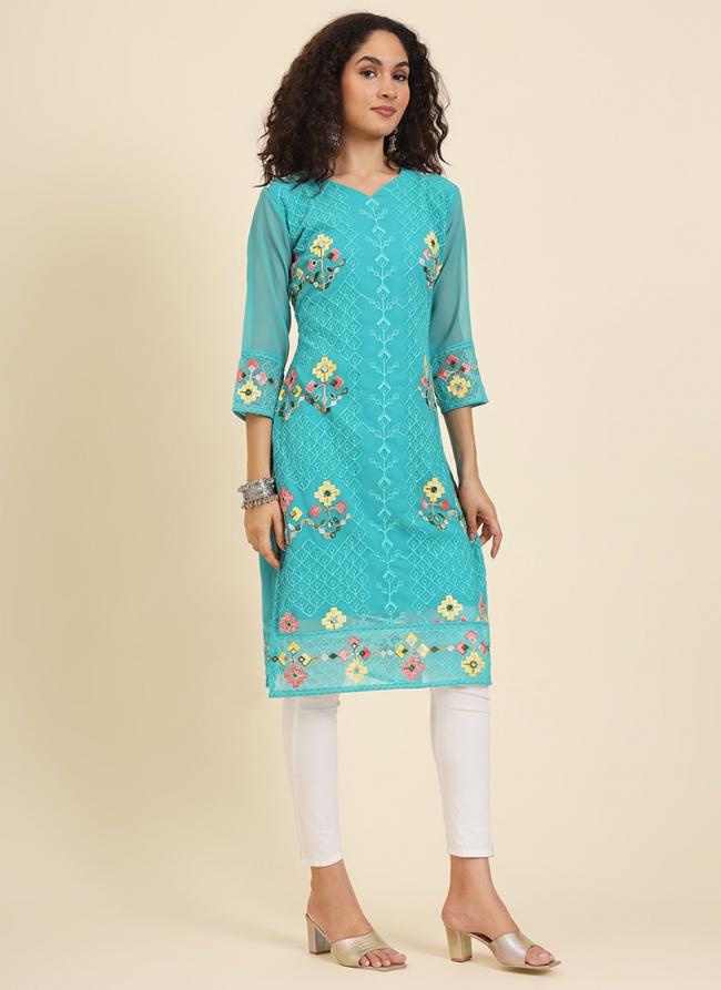 Georgette Sky Blue Festival Wear Lucknowi Chikankari Work Readymade Kurti